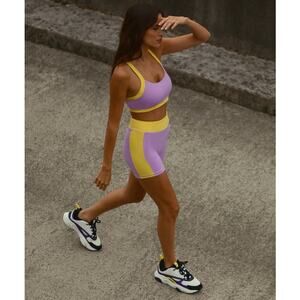 MESHKI Becca Two Tone Lilac & Yellow Workout Set Sports Bra & Biker Shorts EUC